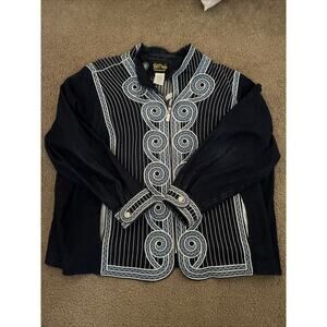 Bob Mackie Wearable Art Jacket Blue Circle Embroidered Design Gray Denim Sz 3XL